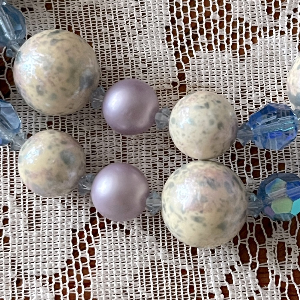🩵Vintage 1950 Deauville Two Strand Light Blue, Lavender Speckle Beaded Necklace